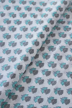 Grey And light Teal Floral Pattern Print On White Pure Cotton Fabric