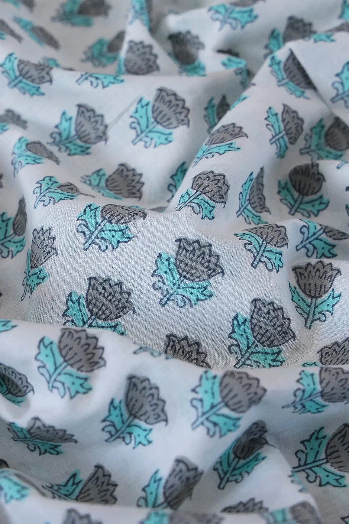 Grey And light Teal Floral Pattern Print On White Pure Cotton Fabric