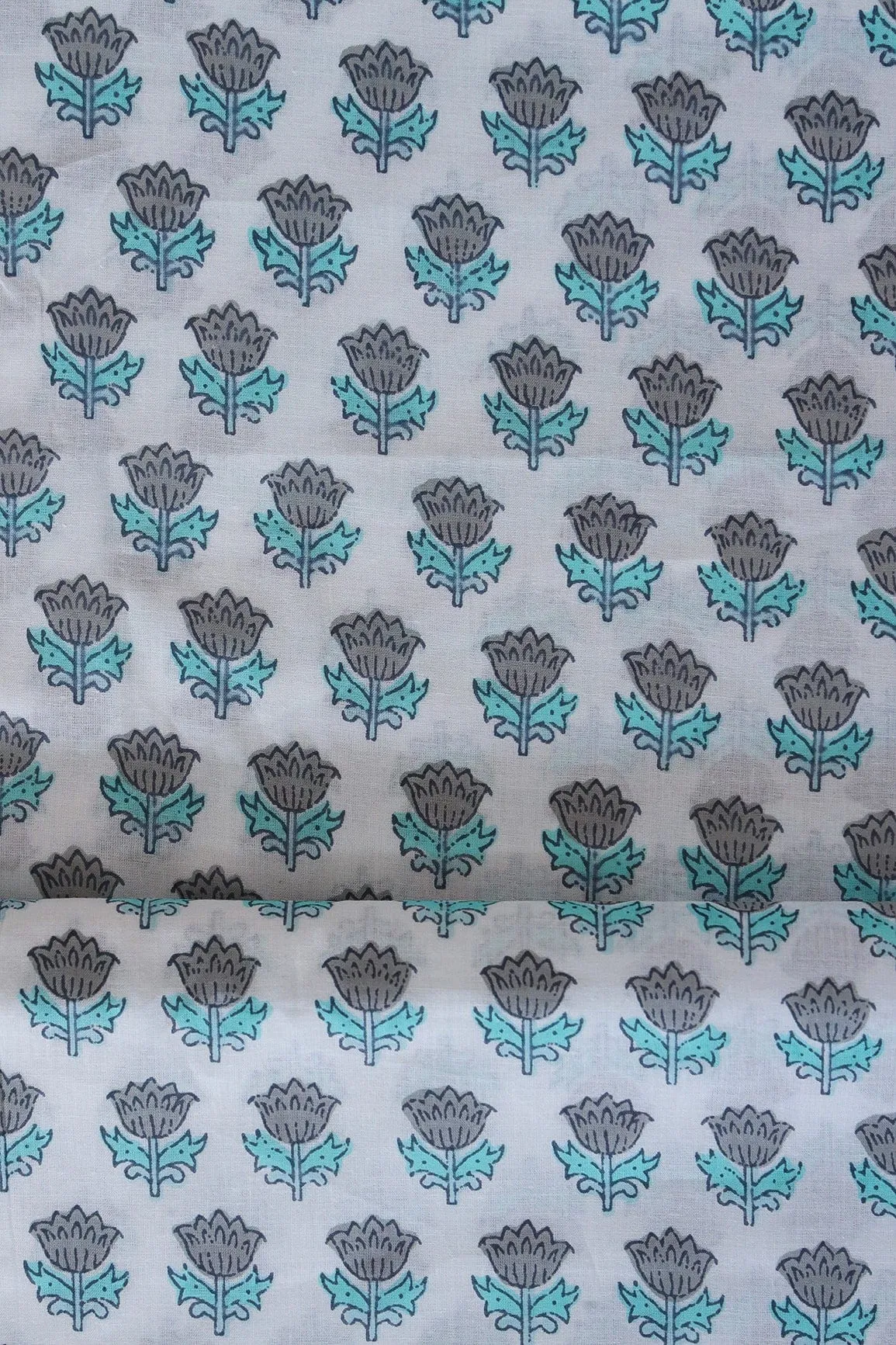 Grey And light Teal Floral Pattern Print On White Pure Cotton Fabric