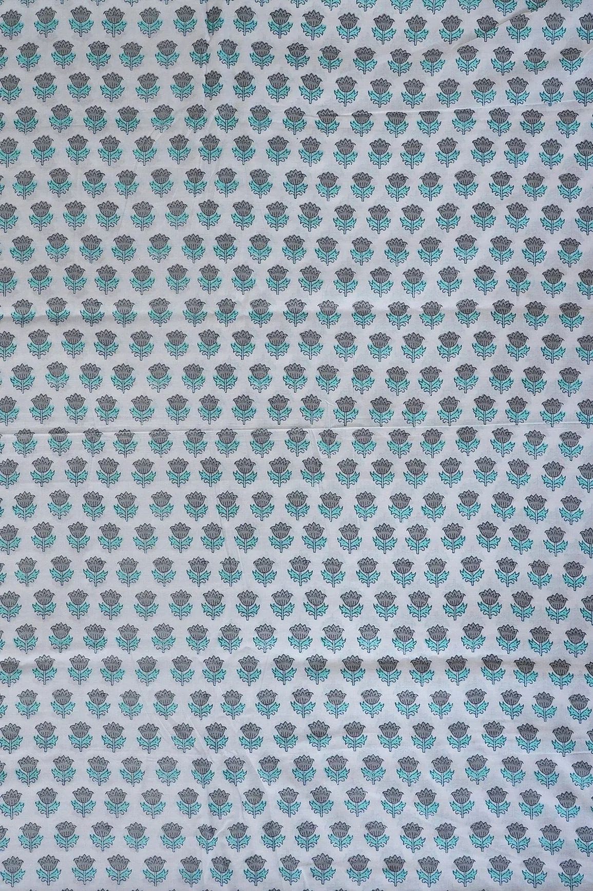 Grey And light Teal Floral Pattern Print On White Pure Cotton Fabric