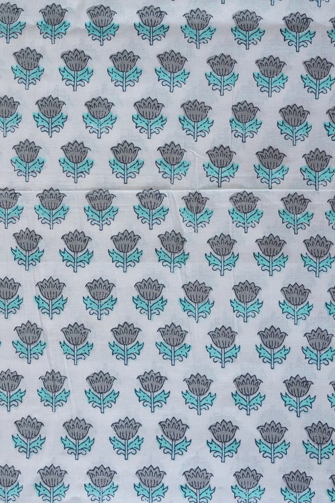 Grey And light Teal Floral Pattern Print On White Pure Cotton Fabric