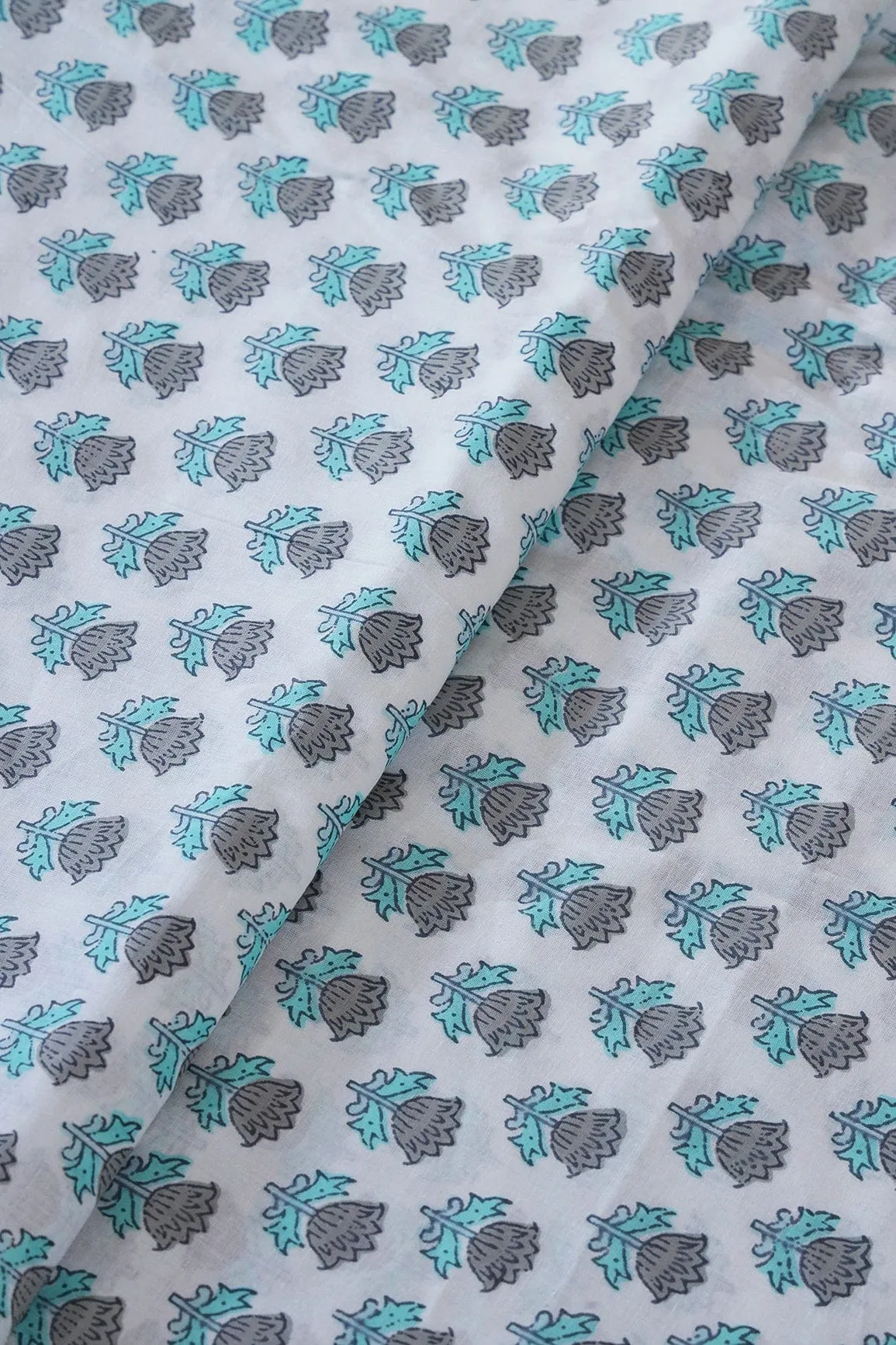 Grey And light Teal Floral Pattern Print On White Pure Cotton Fabric