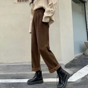 Hnewly casual winter outfits Corduroy Wide Leg Pants Women Vintage High Waist Pockets Baggy Trousers Streetwear Korean All Match Black Straight Pants