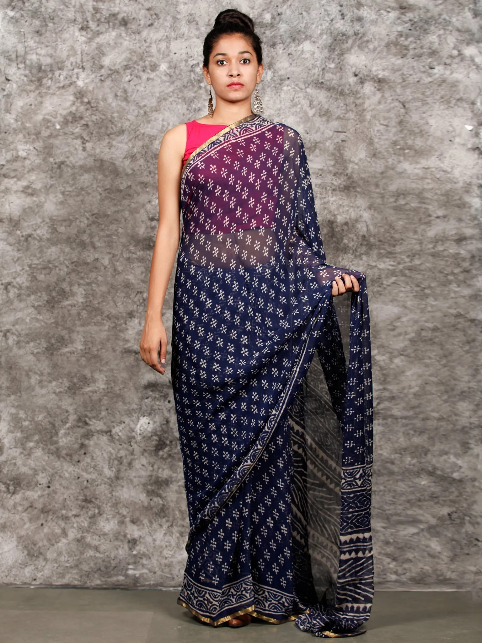Indigo White Hand Block Printed Chiffon Saree with Zari Border - S031703162