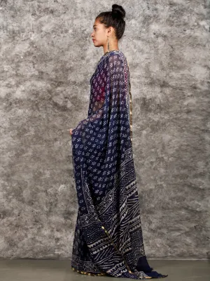 Indigo White Hand Block Printed Chiffon Saree with Zari Border - S031703162
