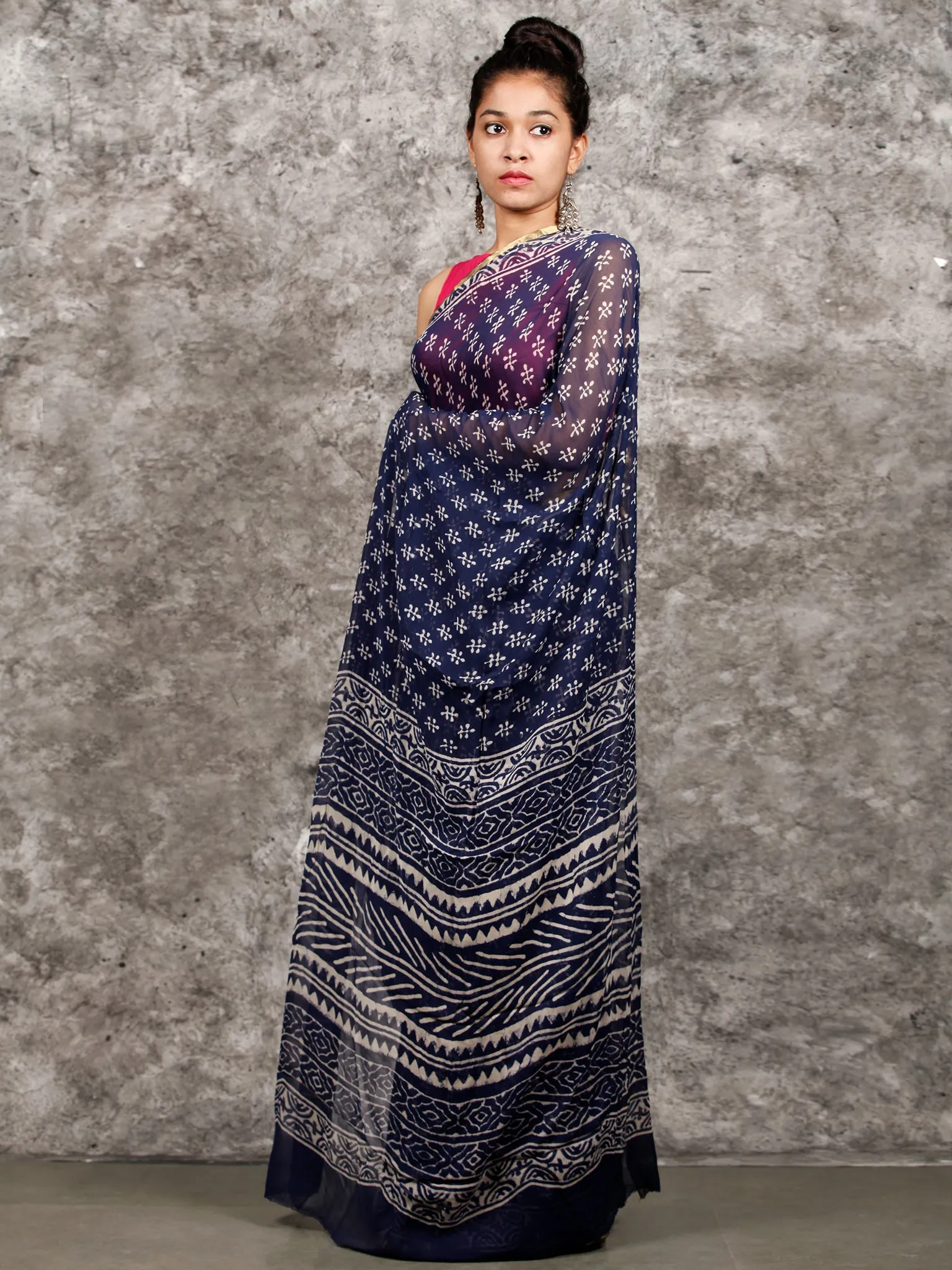 Indigo White Hand Block Printed Chiffon Saree with Zari Border - S031703162