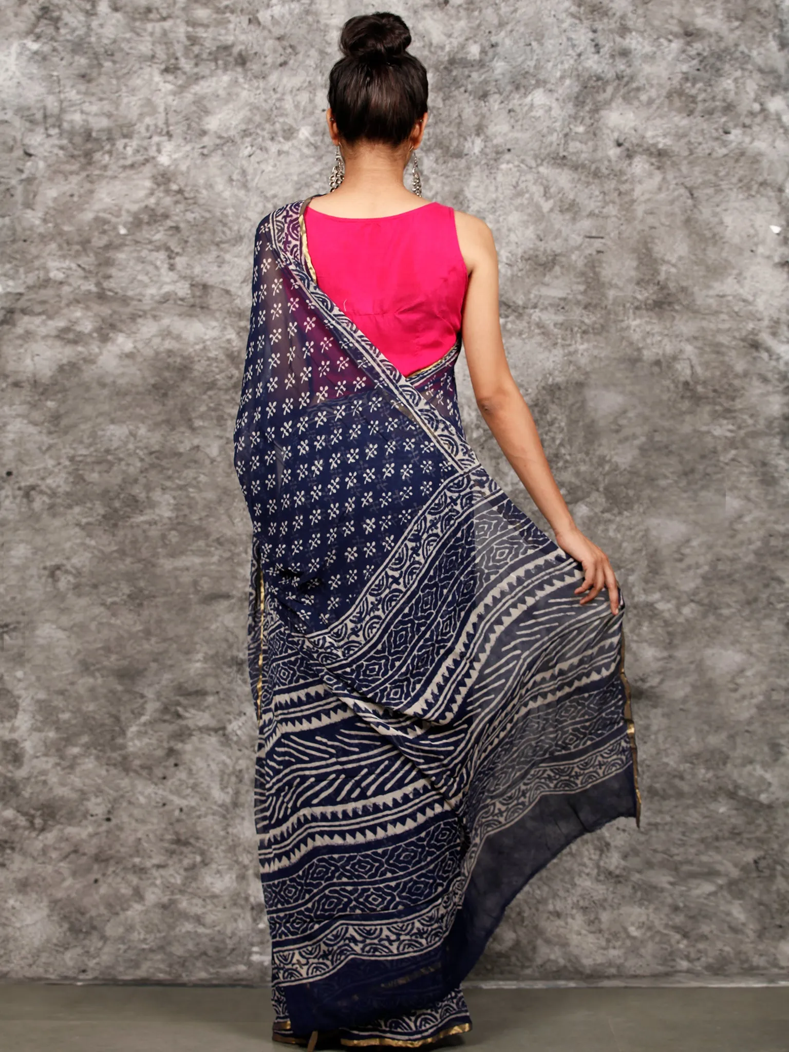 Indigo White Hand Block Printed Chiffon Saree with Zari Border - S031703162