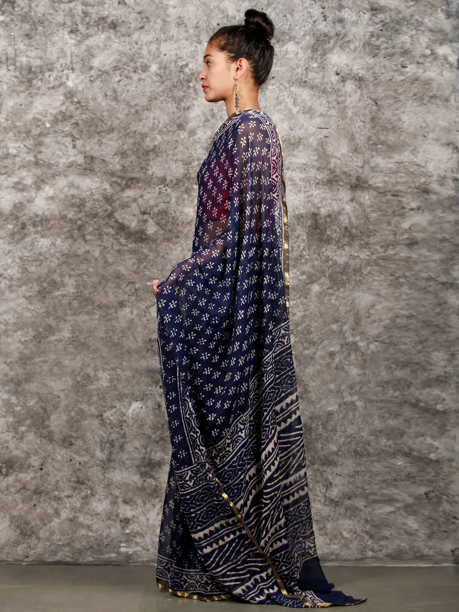 Indigo White Hand Block Printed Chiffon Saree with Zari Border - S031703162