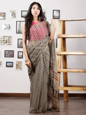 Ivory Black Hand Block Printed Chiffon Saree with Zari Border - S031702962