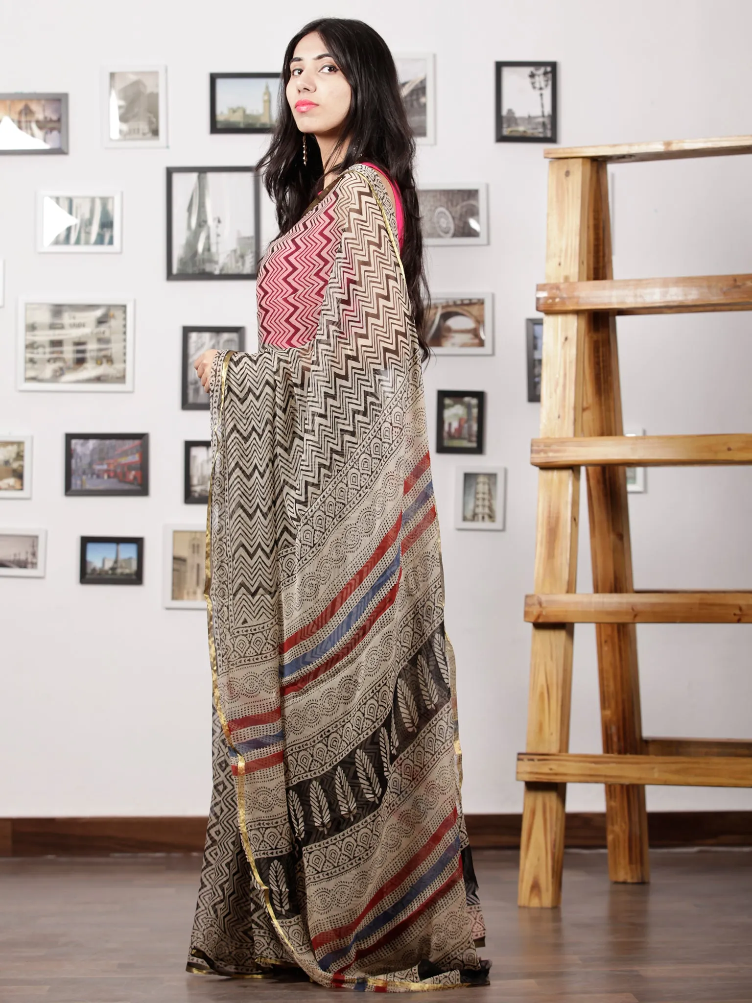 Ivory Black Hand Block Printed Chiffon Saree with Zari Border - S031702962
