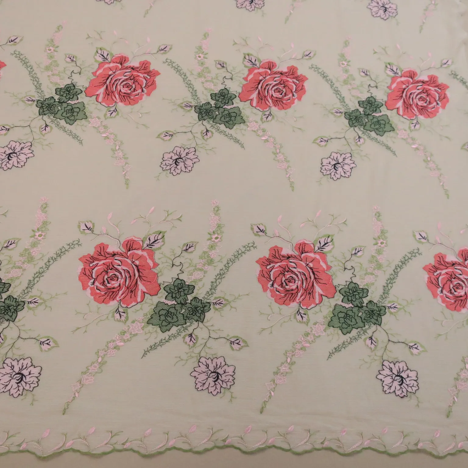 Ivory Chiffon Green and Rose Floral Embroidery Fabric