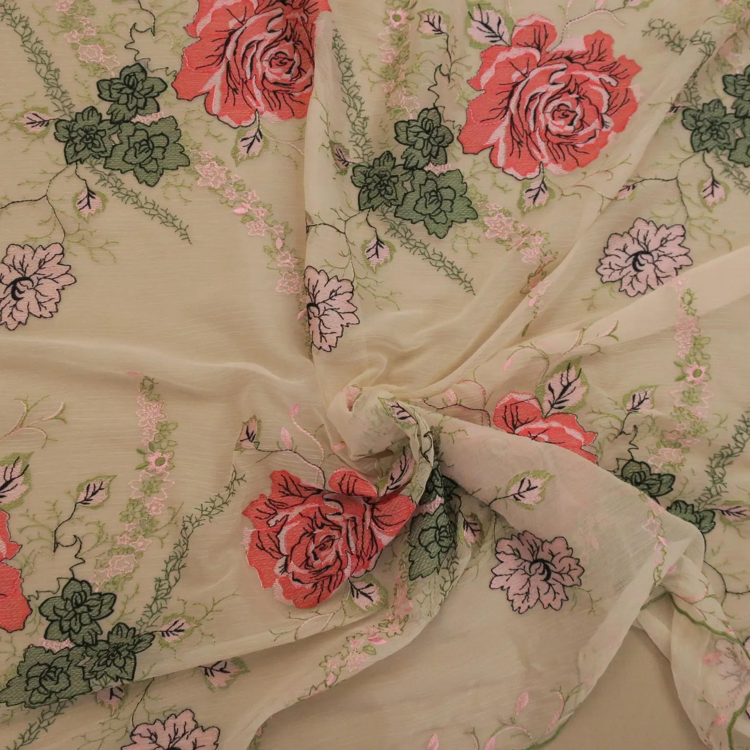 Ivory Chiffon Green and Rose Floral Embroidery Fabric