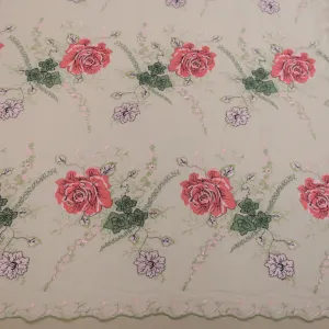 Ivory Chiffon Green and Rose Floral Embroidery Fabric