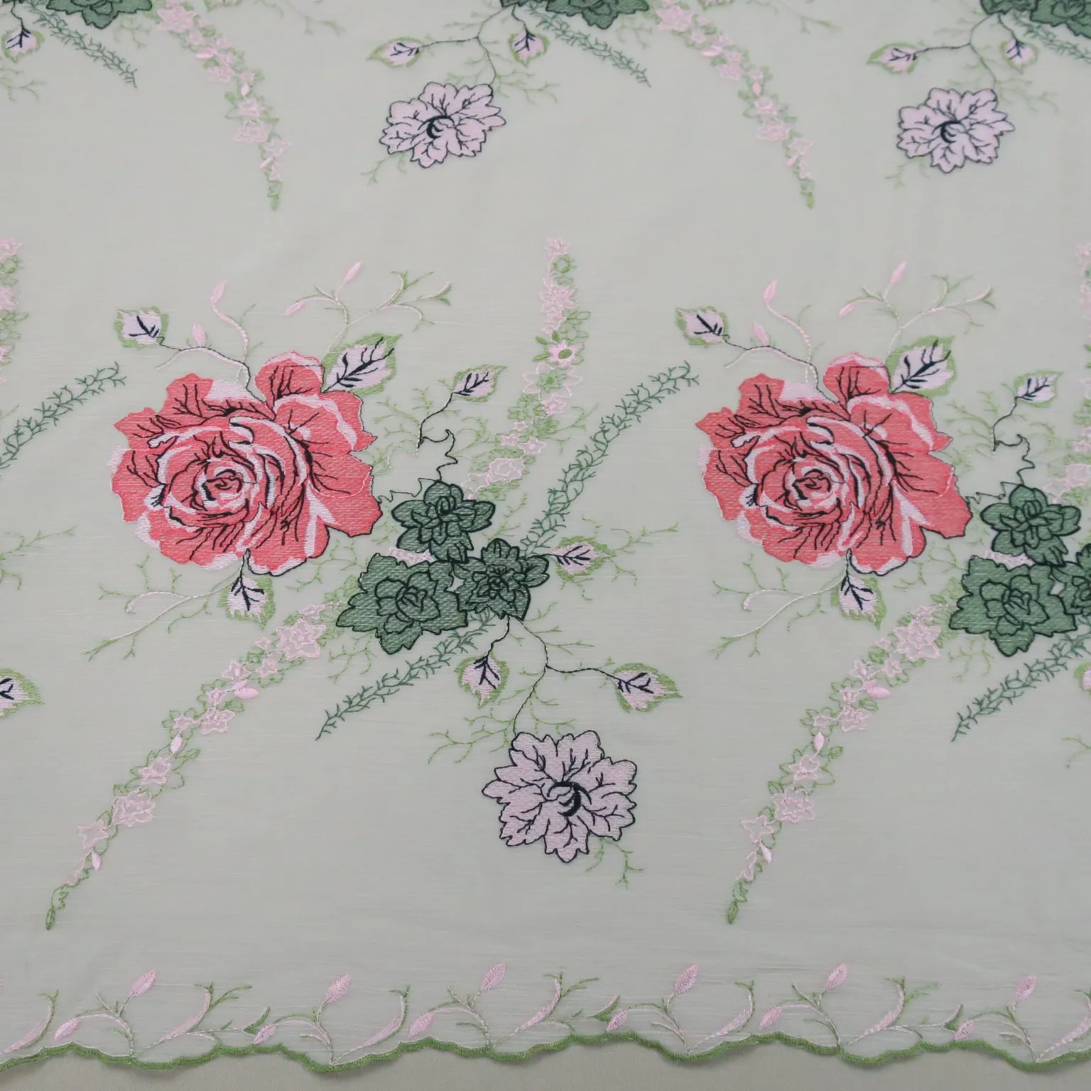 Ivory Chiffon Green and Rose Floral Embroidery Fabric