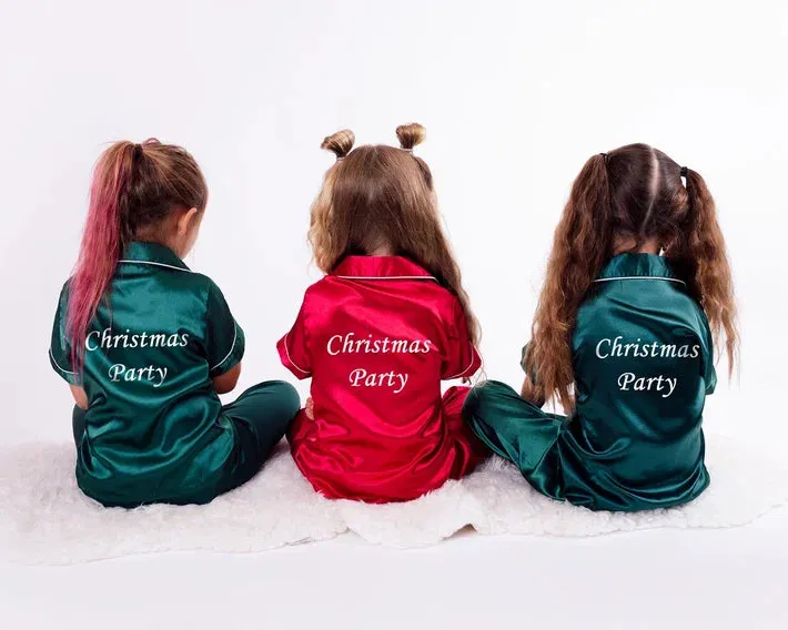 Kids Custom Satin Holiday Pajamas with names, Christmas gift- S L