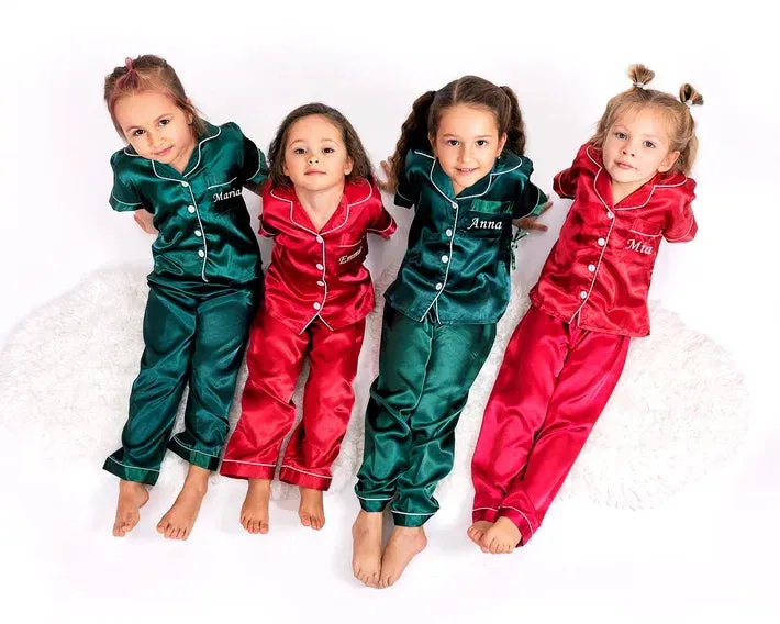 Kids Custom Satin Holiday Pajamas with names, Christmas gift- S L