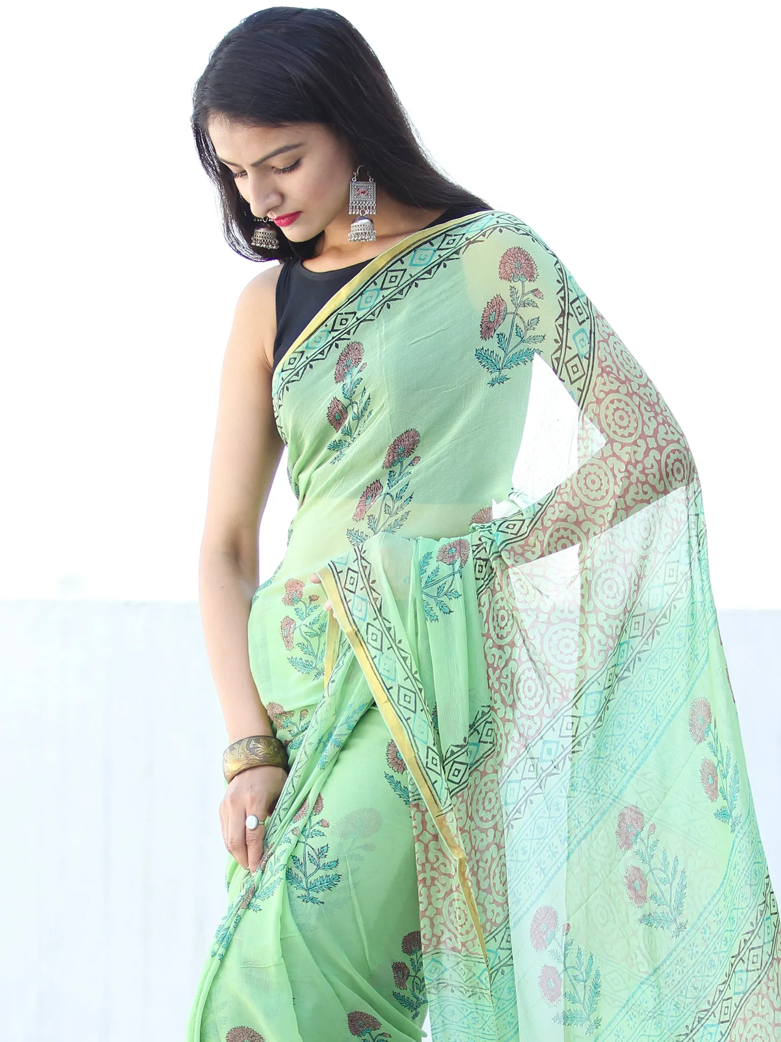 Light Green Coral Hand Block Printed Chiffon Saree with Zari Border - S031703942