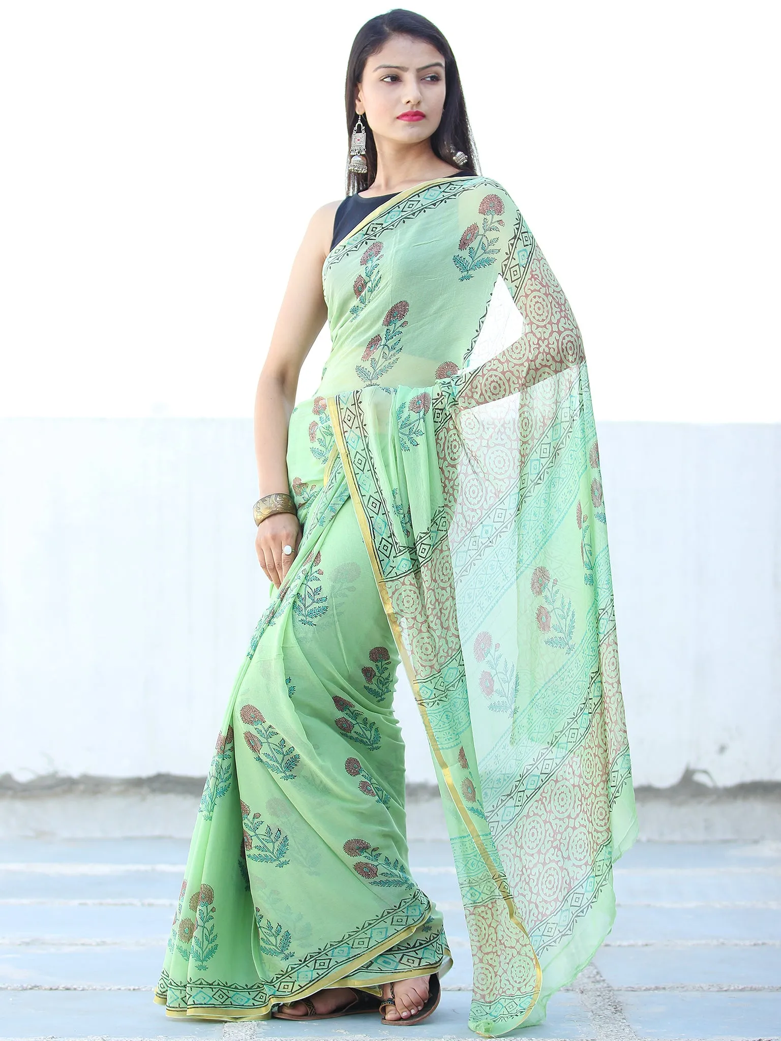 Light Green Coral Hand Block Printed Chiffon Saree with Zari Border - S031703942