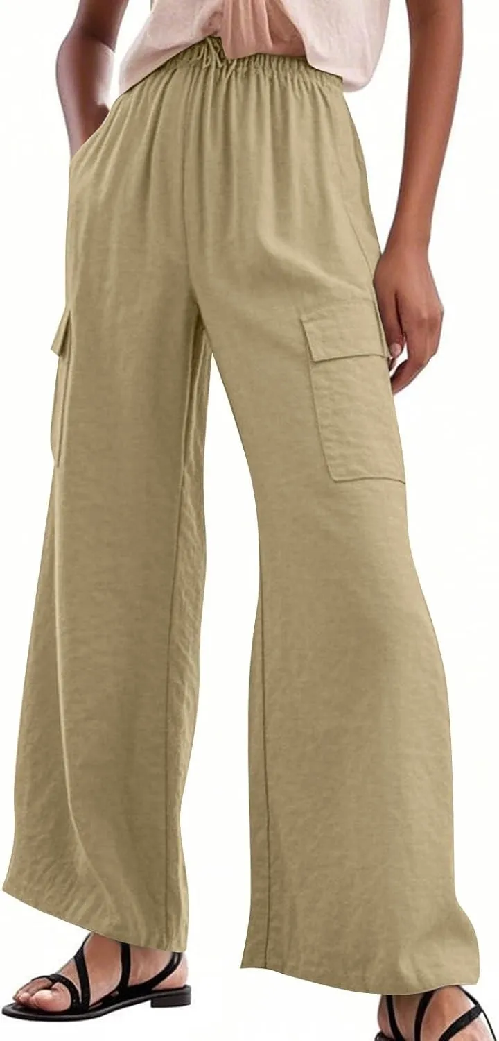 Linen Cargo Pants Women Summer Hiking Elastic High Waisted Wide Leg Trouser Beach Asual Baggy Palazzo Pants with Pockets