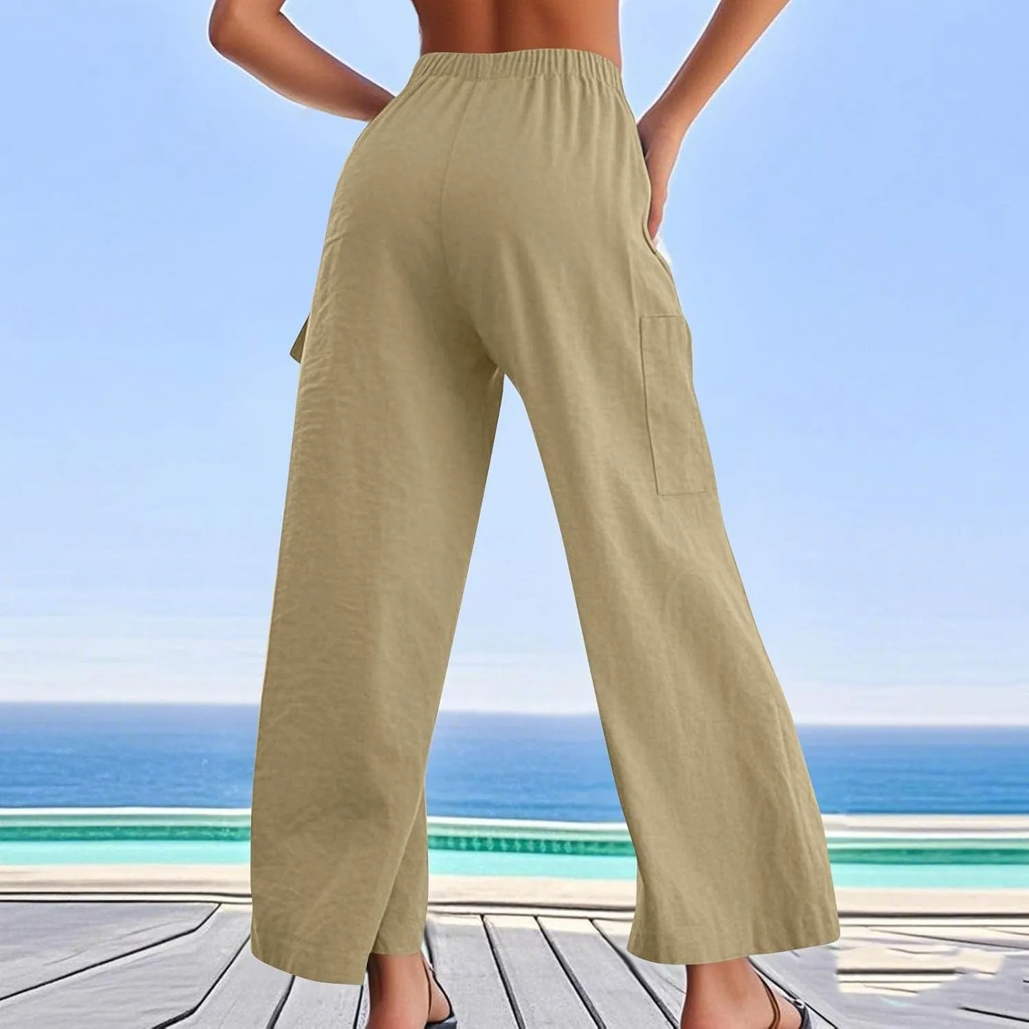 Linen Cargo Pants Women Summer Hiking Elastic High Waisted Wide Leg Trouser Beach Asual Baggy Palazzo Pants with Pockets