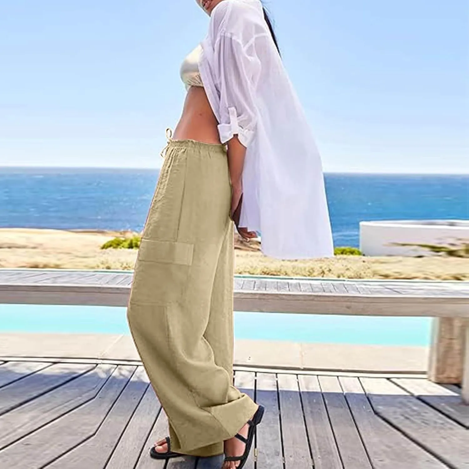 Linen Cargo Pants Women Summer Hiking Elastic High Waisted Wide Leg Trouser Beach Asual Baggy Palazzo Pants with Pockets