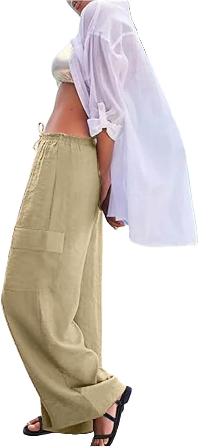Linen Cargo Pants Women Summer Hiking Elastic High Waisted Wide Leg Trouser Beach Asual Baggy Palazzo Pants with Pockets