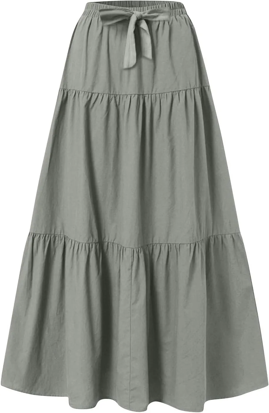 Linen Maxi Skirts for Women Summer Trendy Boho Long Flowy Bow Tie Elastic High Waist Tiered Swing Pleated A Line Skirt