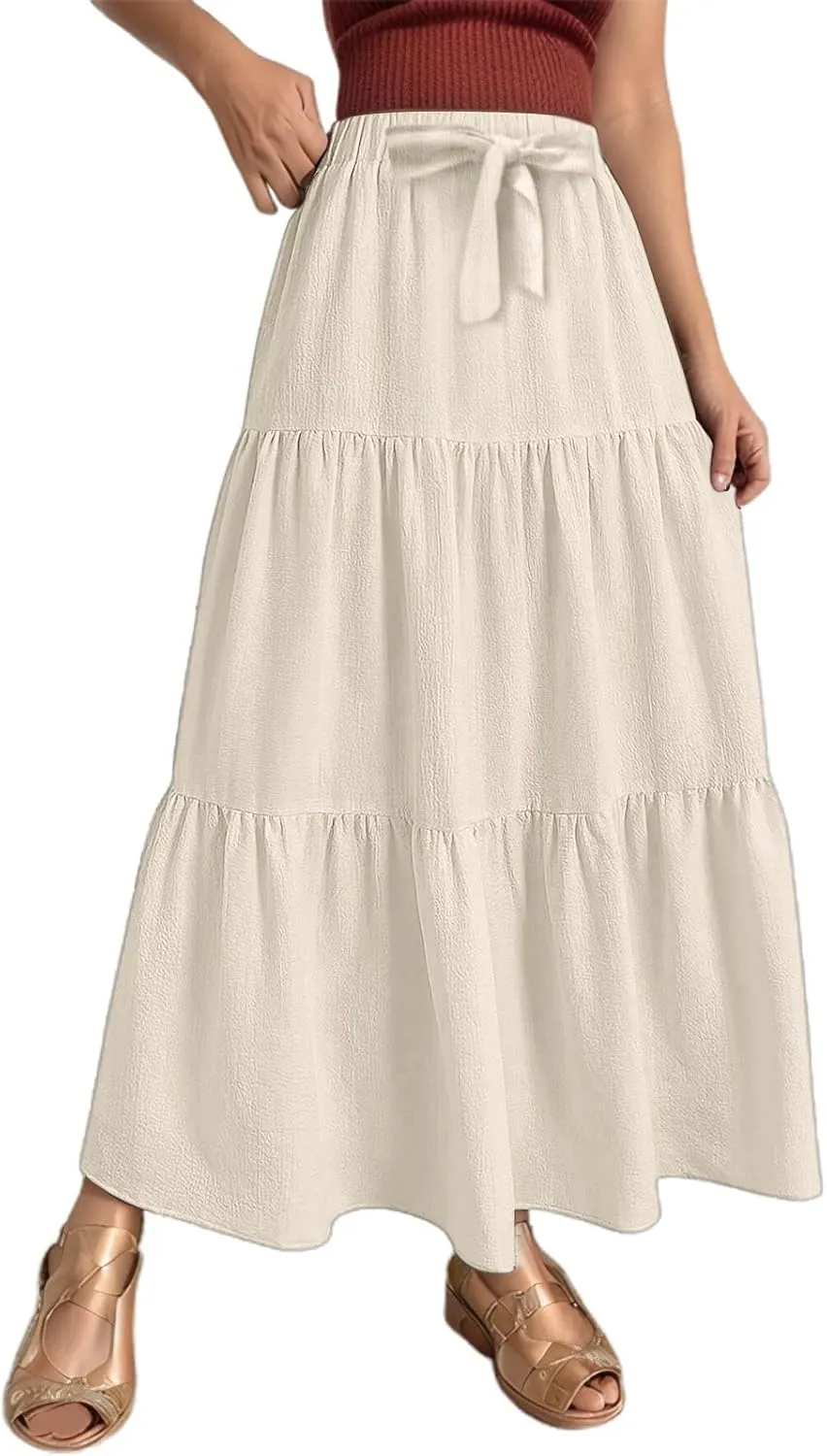 Linen Maxi Skirts for Women Summer Trendy Boho Long Flowy Bow Tie Elastic High Waist Tiered Swing Pleated A Line Skirt