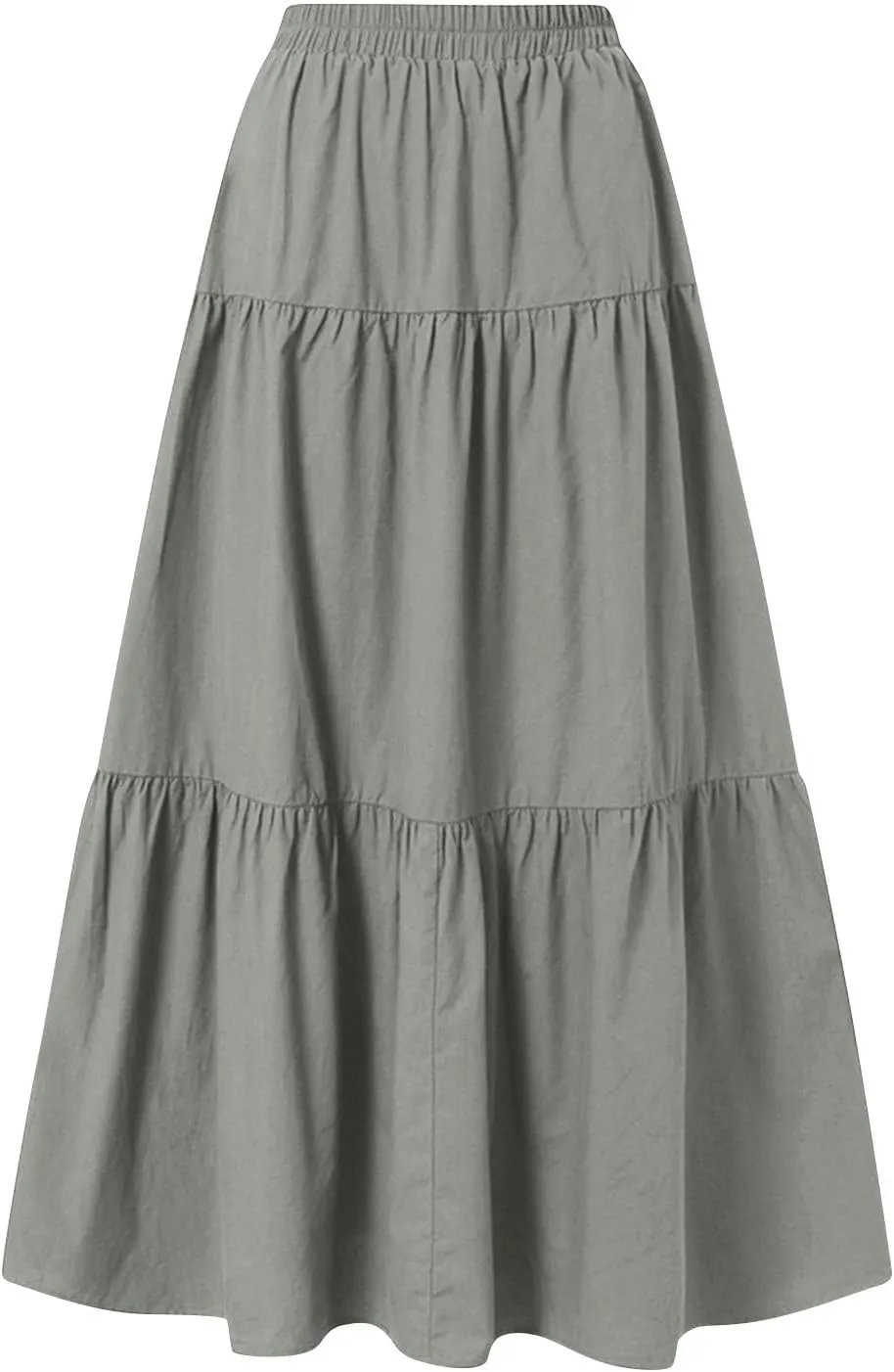 Linen Maxi Skirts for Women Summer Trendy Boho Long Flowy Bow Tie Elastic High Waist Tiered Swing Pleated A Line Skirt