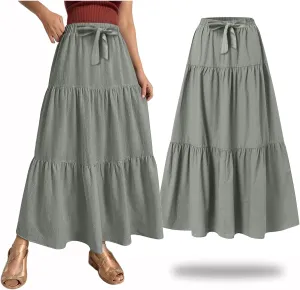 Linen Maxi Skirts for Women Summer Trendy Boho Long Flowy Bow Tie Elastic High Waist Tiered Swing Pleated A Line Skirt