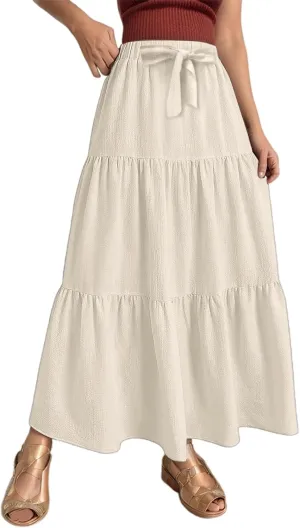 Linen Maxi Skirts for Women Summer Trendy Boho Long Flowy Bow Tie Elastic High Waist Tiered Swing Pleated A Line Skirt