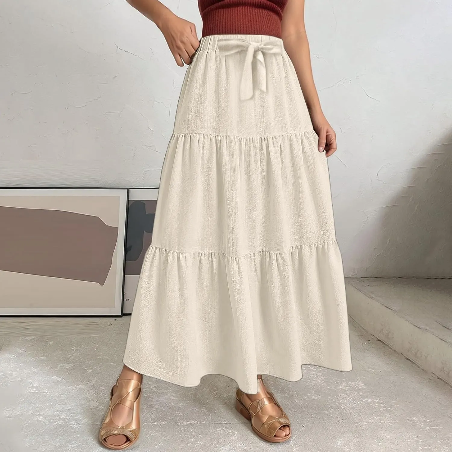 Linen Maxi Skirts for Women Summer Trendy Boho Long Flowy Bow Tie Elastic High Waist Tiered Swing Pleated A Line Skirt