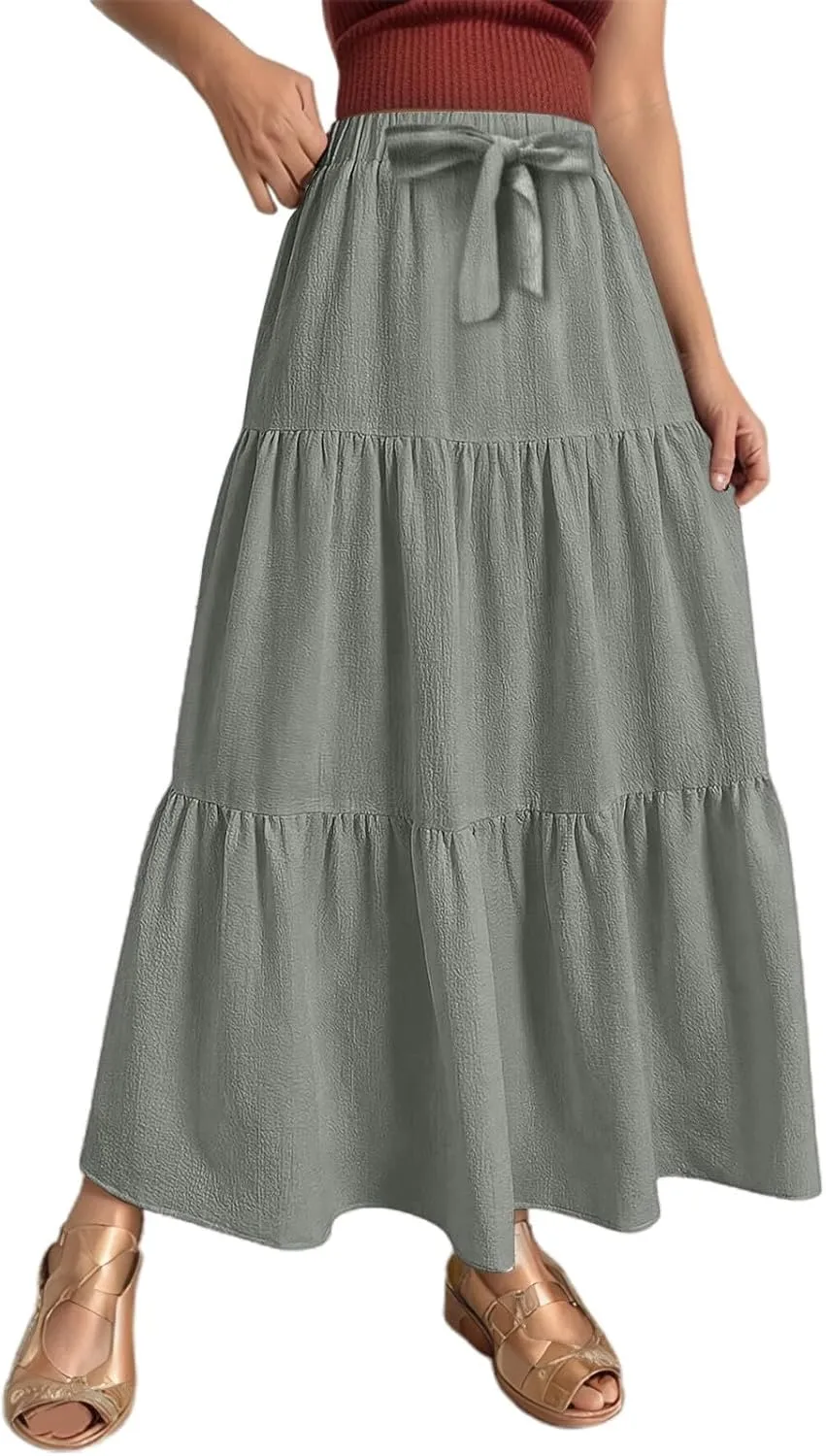 Linen Maxi Skirts for Women Summer Trendy Boho Long Flowy Bow Tie Elastic High Waist Tiered Swing Pleated A Line Skirt