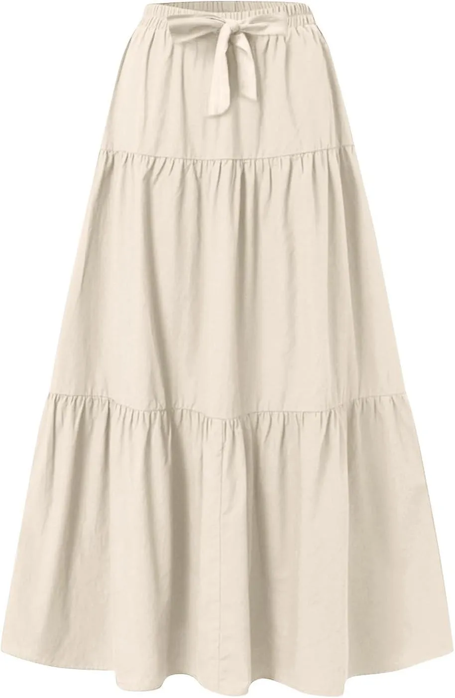 Linen Maxi Skirts for Women Summer Trendy Boho Long Flowy Bow Tie Elastic High Waist Tiered Swing Pleated A Line Skirt