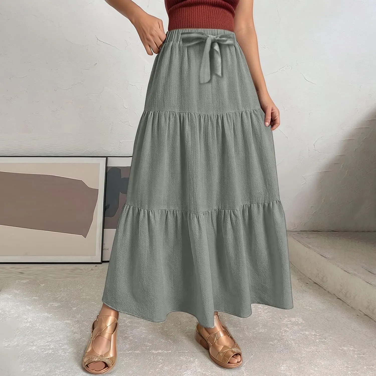 Linen Maxi Skirts for Women Summer Trendy Boho Long Flowy Bow Tie Elastic High Waist Tiered Swing Pleated A Line Skirt