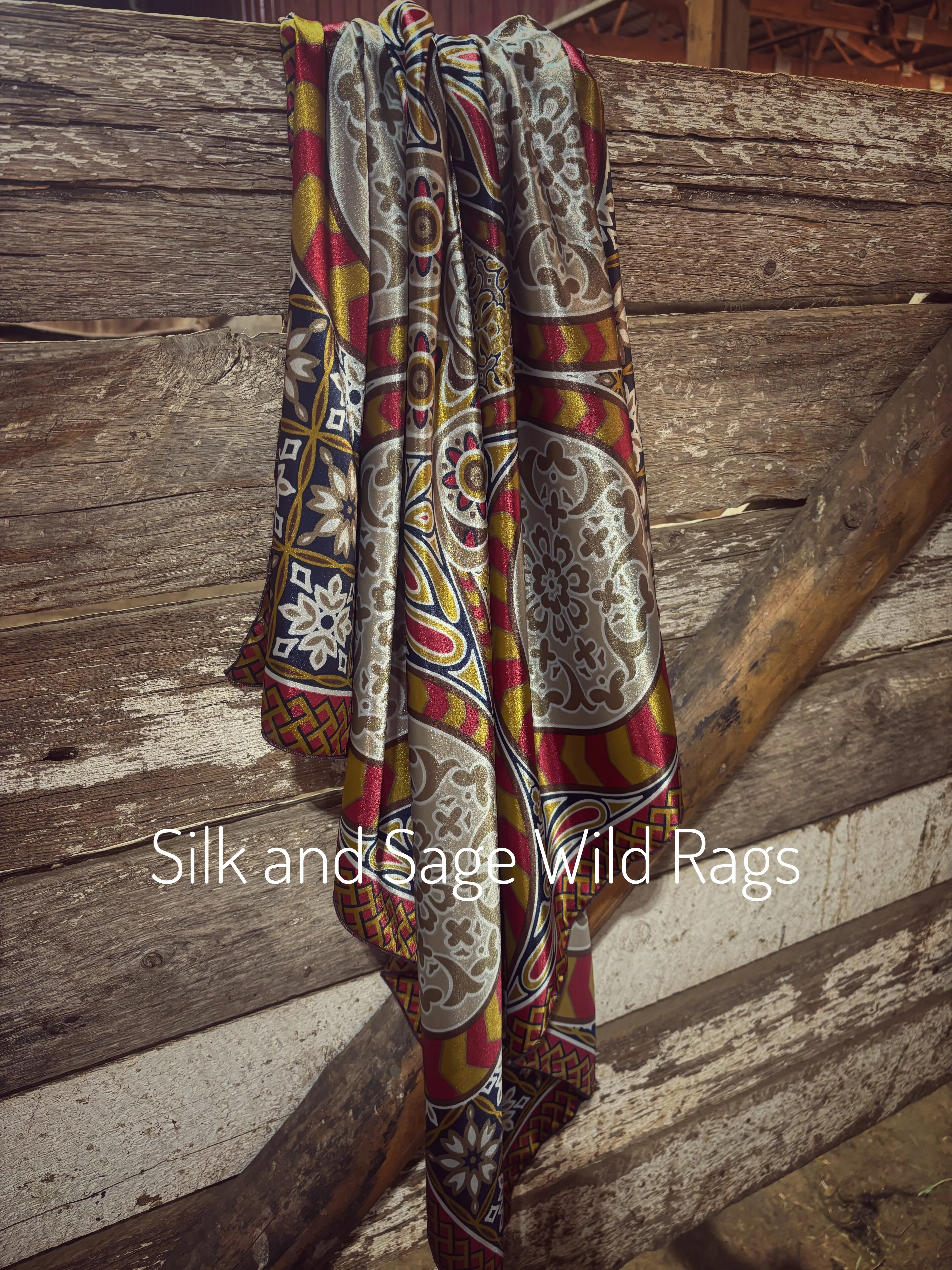 Luxury satin charmeuse stain glass floral print. Beautiful red, blue cream and mustard yellow