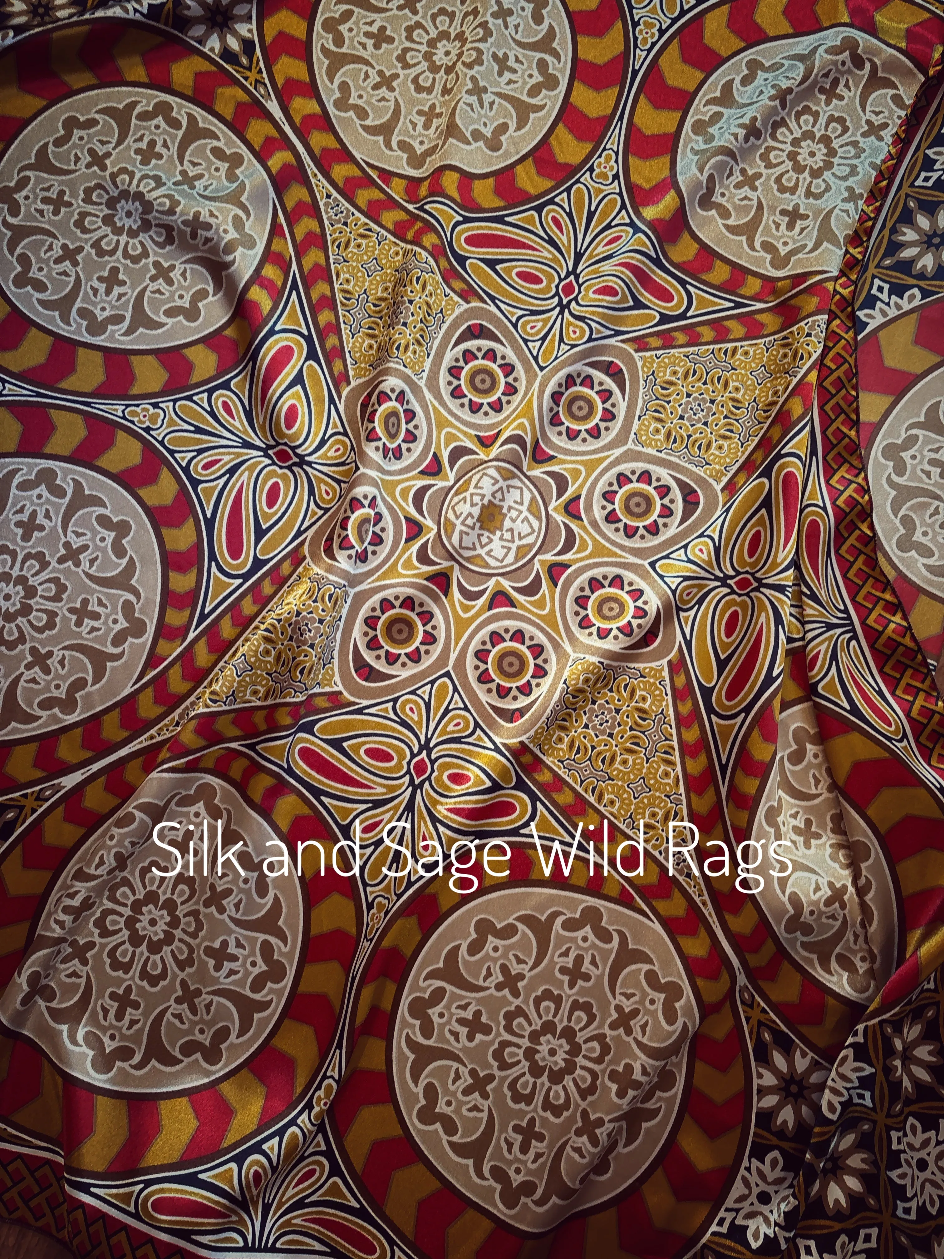 Luxury satin charmeuse stain glass floral print. Beautiful red, blue cream and mustard yellow