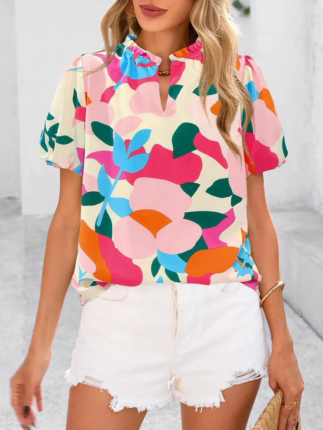 MASCOMODA Boho Short Sleeve Floral Work Blouses for Women Dressy Casual V Neck Puff Sleeve Loose Chiffon Flowy Tops Shirts