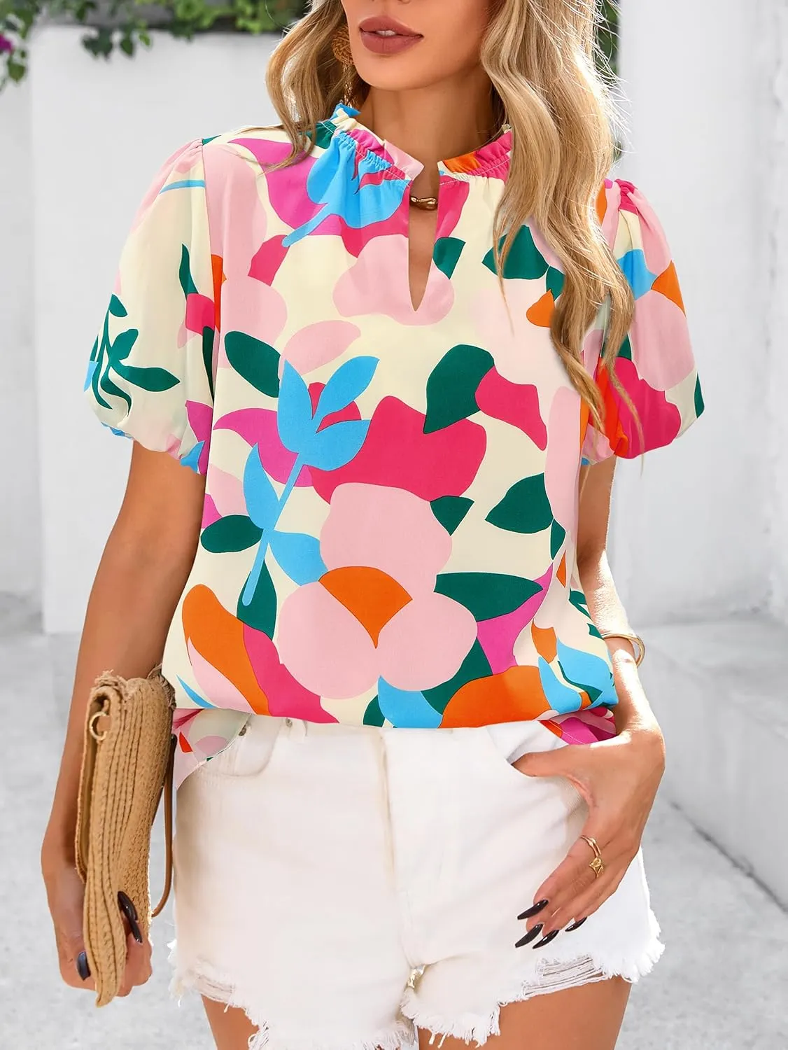MASCOMODA Boho Short Sleeve Floral Work Blouses for Women Dressy Casual V Neck Puff Sleeve Loose Chiffon Flowy Tops Shirts