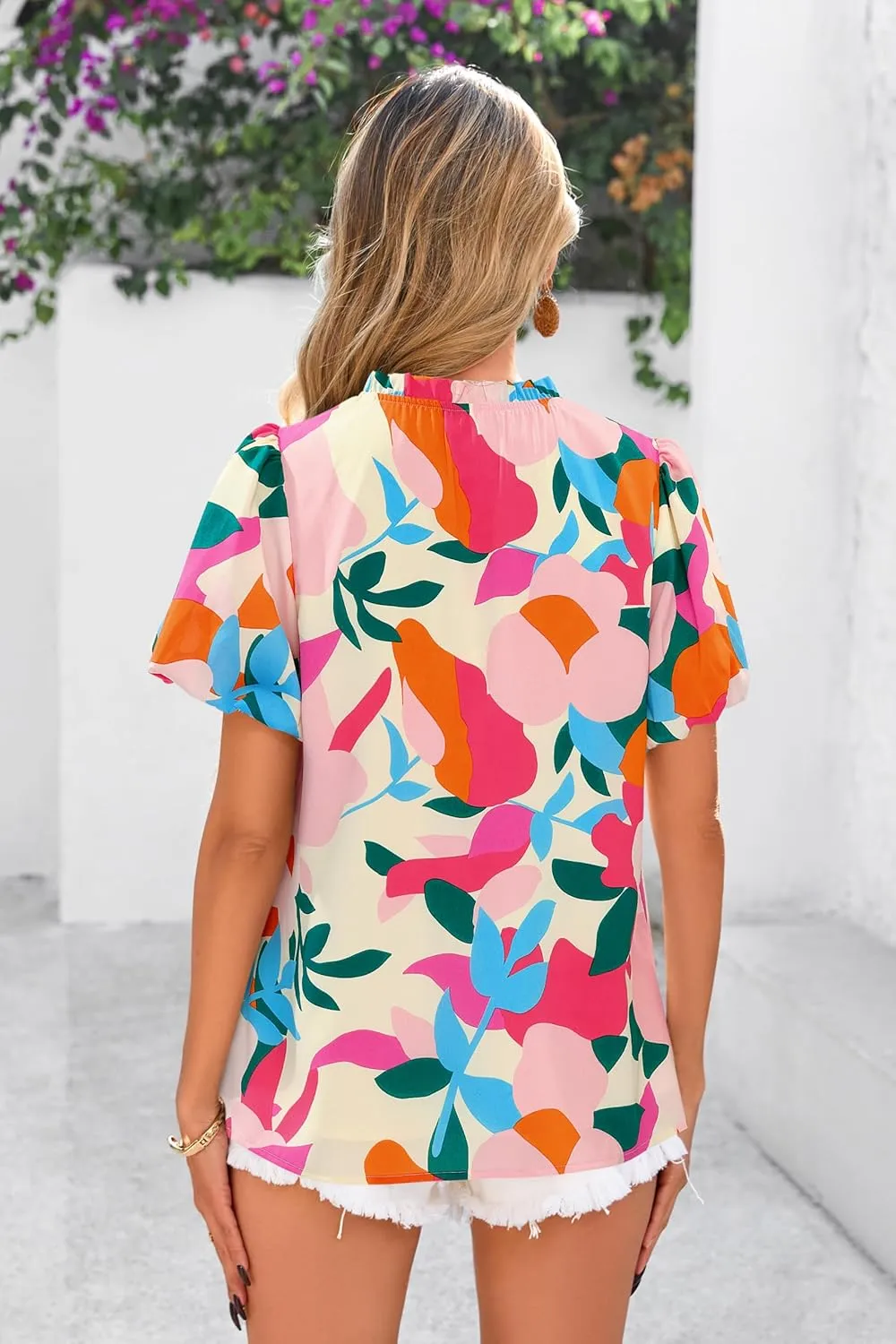 MASCOMODA Boho Short Sleeve Floral Work Blouses for Women Dressy Casual V Neck Puff Sleeve Loose Chiffon Flowy Tops Shirts