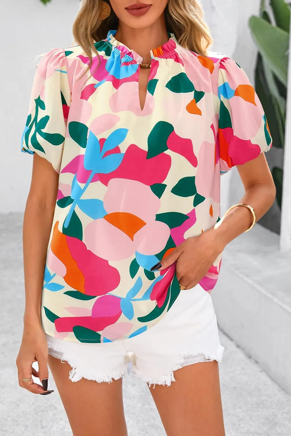 MASCOMODA Boho Short Sleeve Floral Work Blouses for Women Dressy Casual V Neck Puff Sleeve Loose Chiffon Flowy Tops Shirts