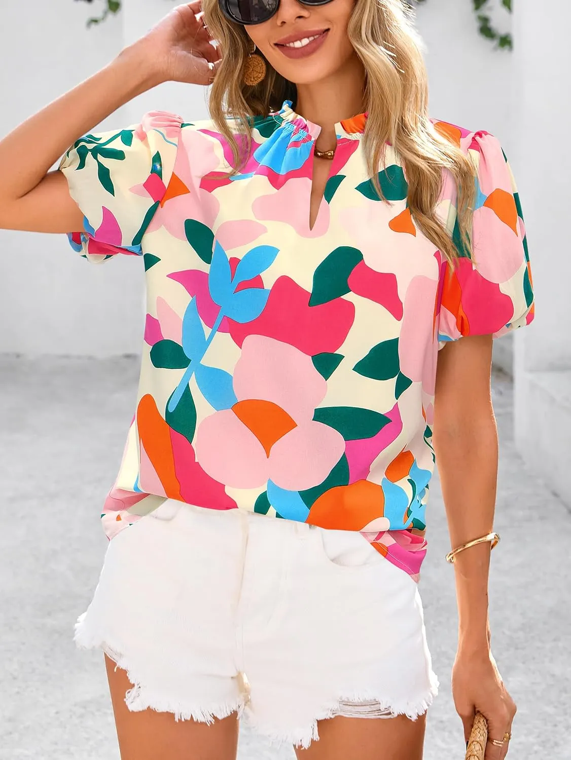 MASCOMODA Boho Short Sleeve Floral Work Blouses for Women Dressy Casual V Neck Puff Sleeve Loose Chiffon Flowy Tops Shirts