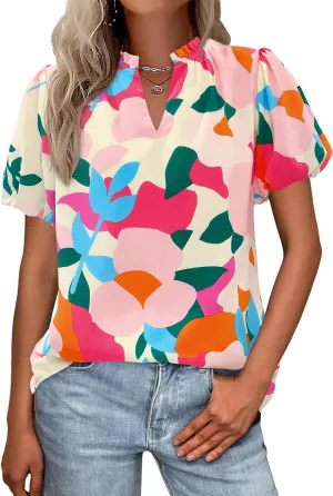 MASCOMODA Boho Short Sleeve Floral Work Blouses for Women Dressy Casual V Neck Puff Sleeve Loose Chiffon Flowy Tops Shirts