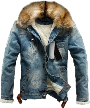 Men's Faux Fur Collar Denim Jacket Fleece Multiple Pockets Jean Jackets Lined Winter Trucker Cowboy Coat