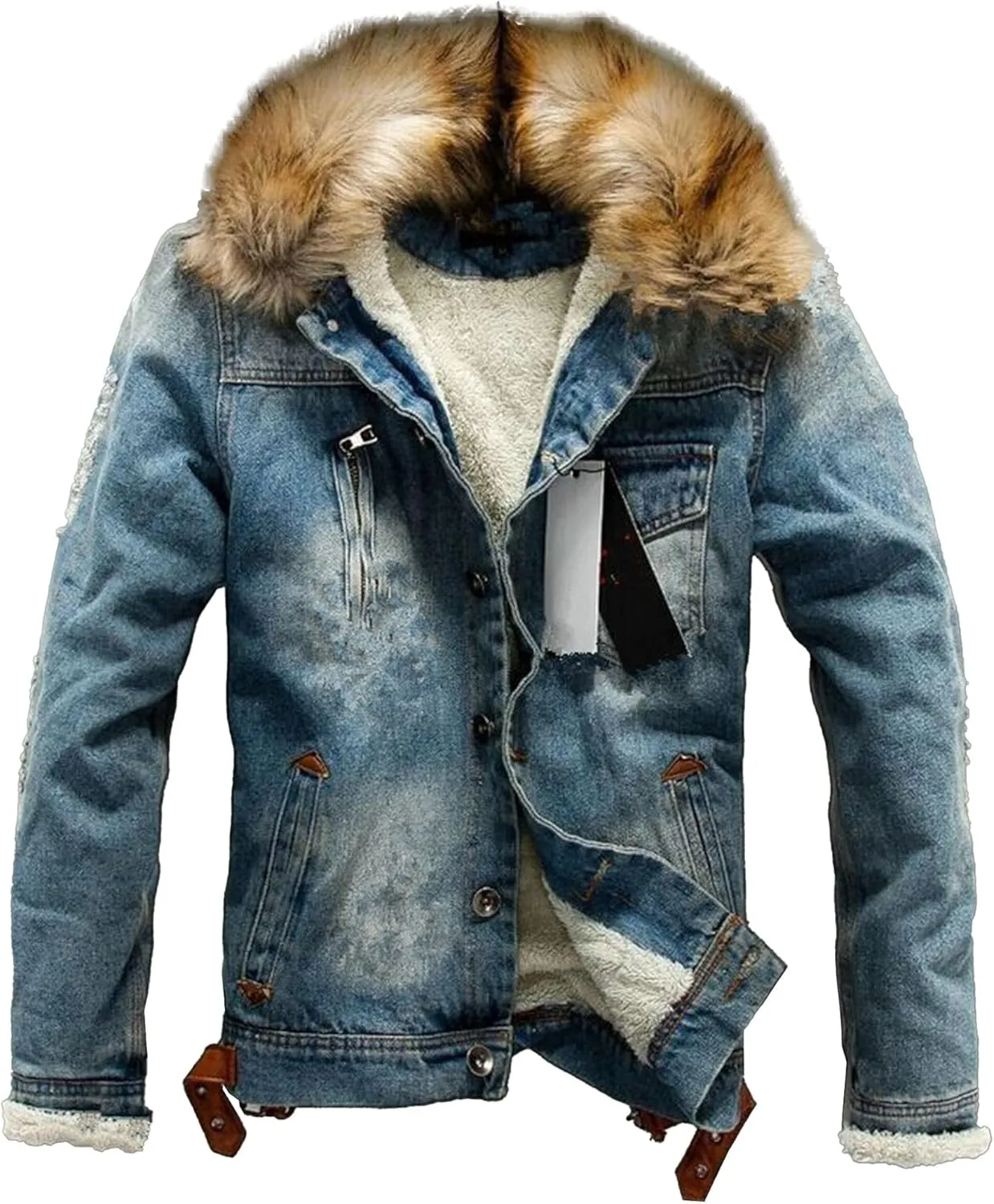 Men's Faux Fur Collar Denim Jacket Fleece Multiple Pockets Jean Jackets Lined Winter Trucker Cowboy Coat