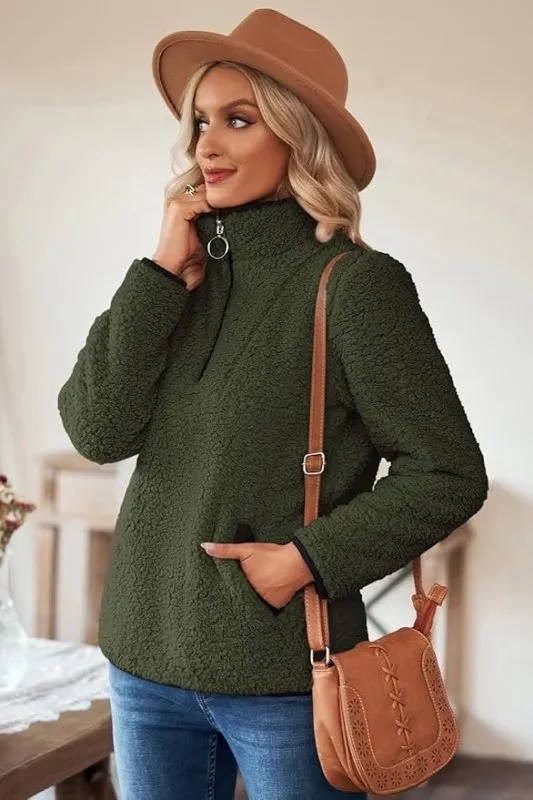 Nilimoph Womens Fleece Jumper Fluffy Pullover Teddy Sweatshirts 1/4 Zip Up Long Sleeve Stand Collar Cozy Coat Tops with Pockets