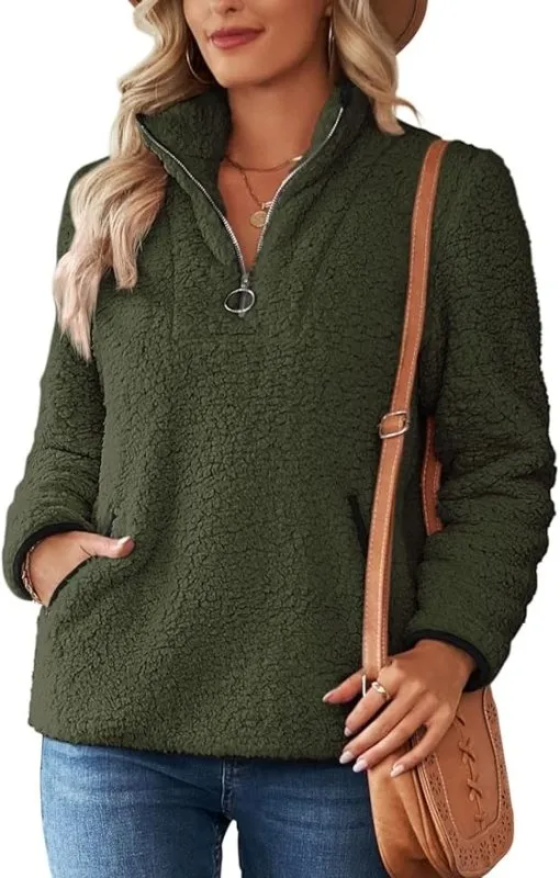 Nilimoph Womens Fleece Jumper Fluffy Pullover Teddy Sweatshirts 1/4 Zip Up Long Sleeve Stand Collar Cozy Coat Tops with Pockets