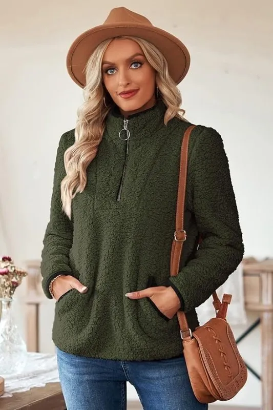 Nilimoph Womens Fleece Jumper Fluffy Pullover Teddy Sweatshirts 1/4 Zip Up Long Sleeve Stand Collar Cozy Coat Tops with Pockets