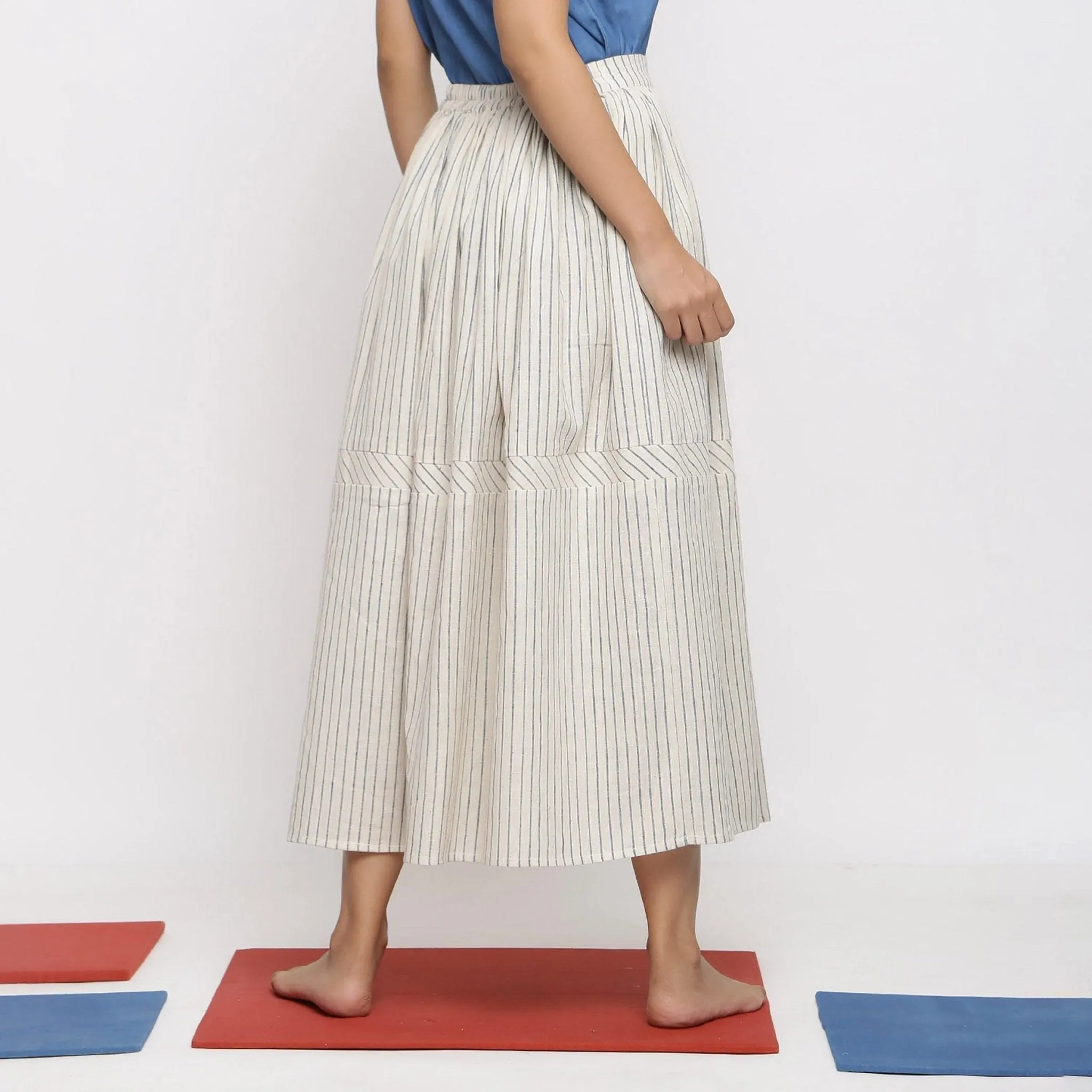 Off-White and Blue Striped Yarn Dyed Cotton Gathered Maxi Skirt