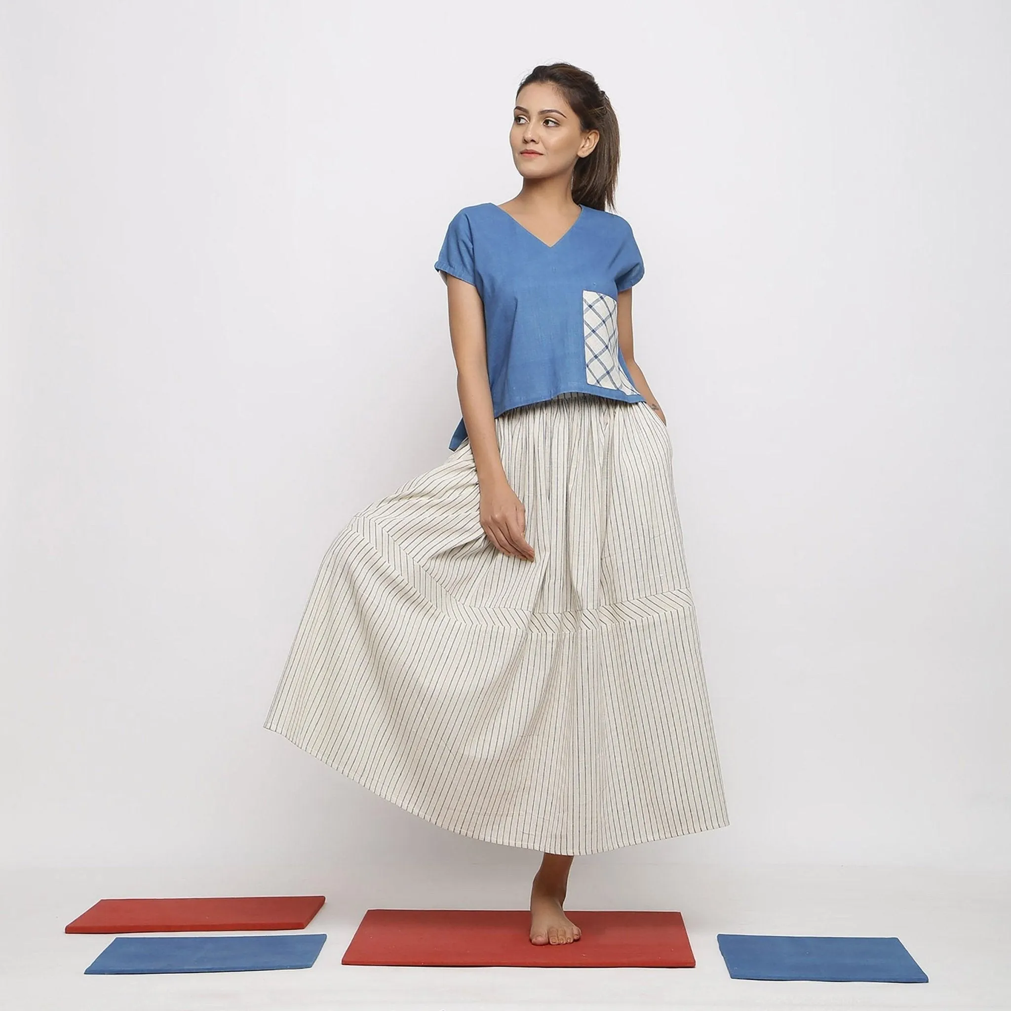 Off-White and Blue Striped Yarn Dyed Cotton Gathered Maxi Skirt